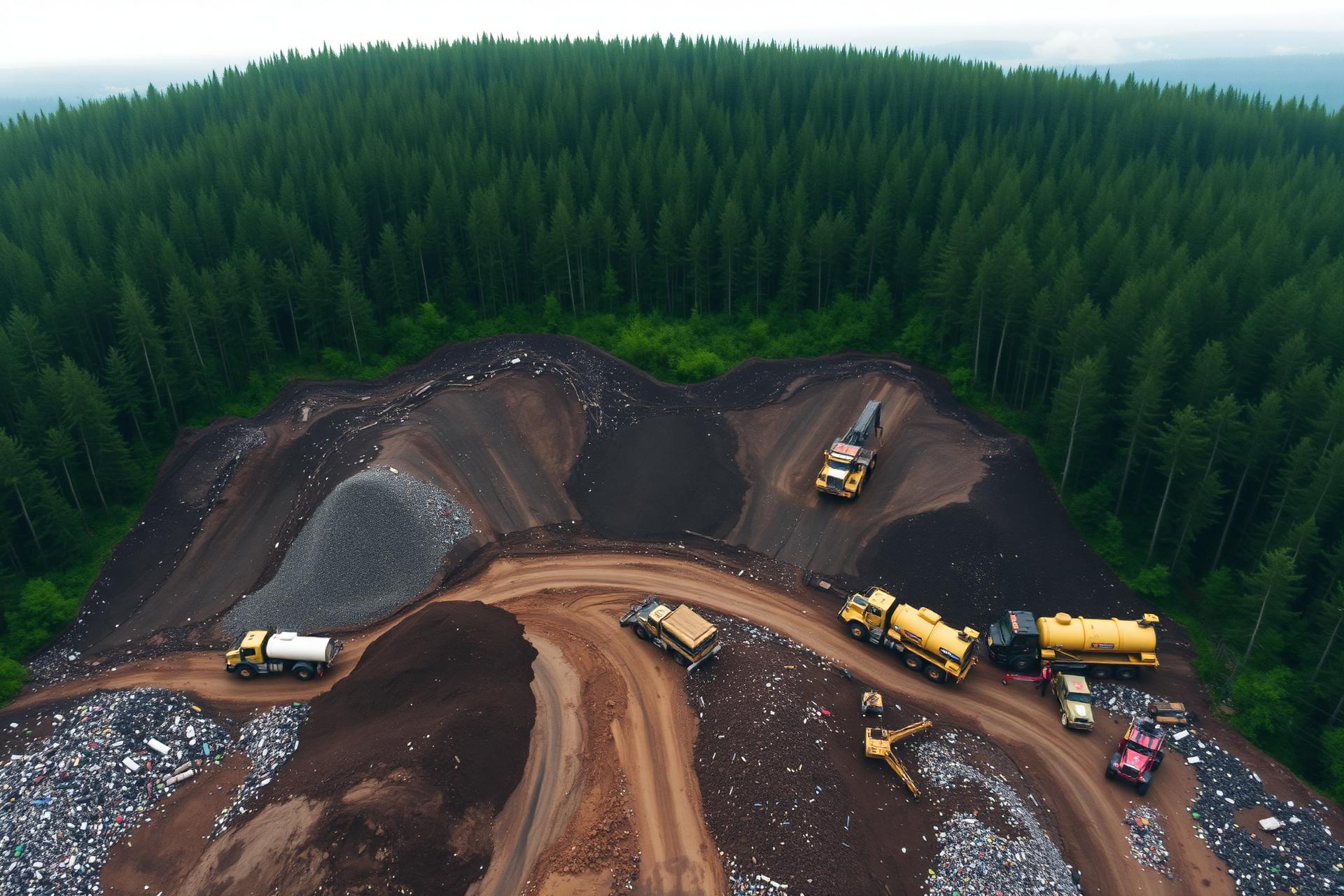 Aerial view of a waste management site bordering protected forest